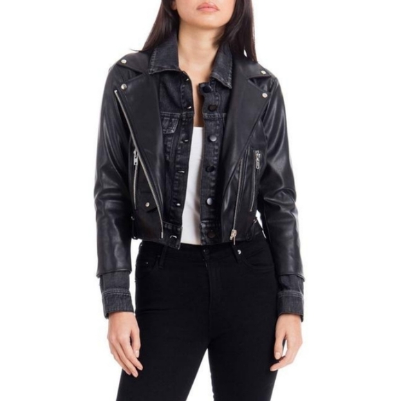 AVEC LES FILLES Black Cropped Faux Leather Biker with Denim Insert Jacket